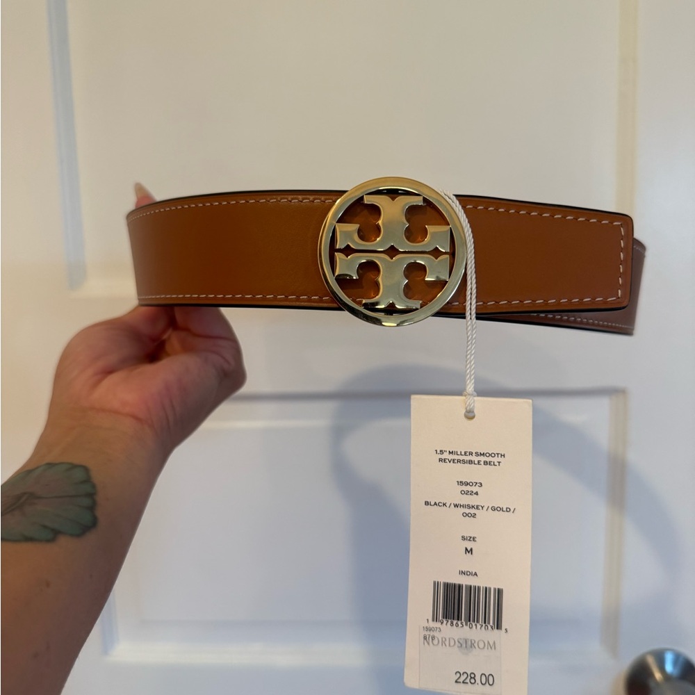 Tory Burch reversible Tan & Black Belt with Gold Logo Buckle